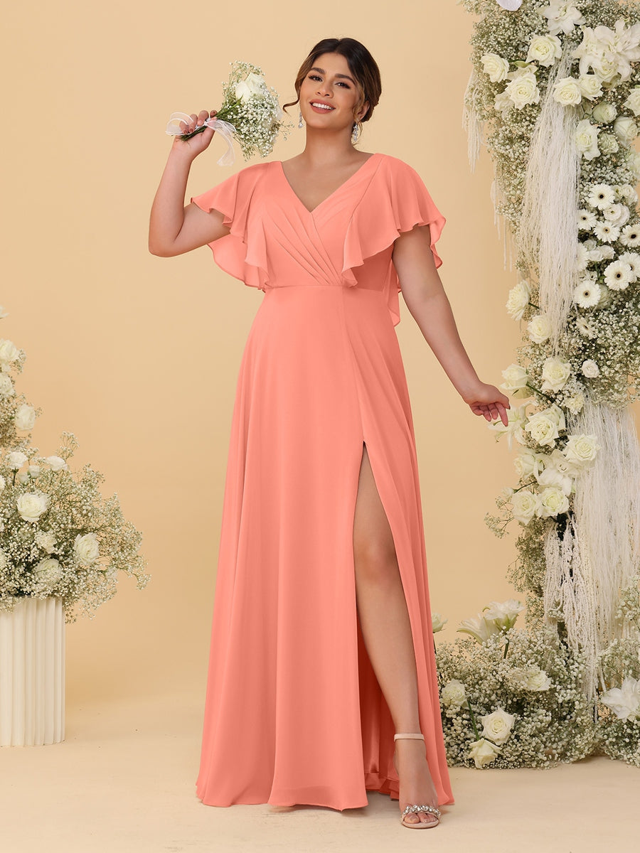 A-Line/Princess V-Neck Short Sleeves Floor-Length Plus Size Bridesmaid Dresses With Side Slit