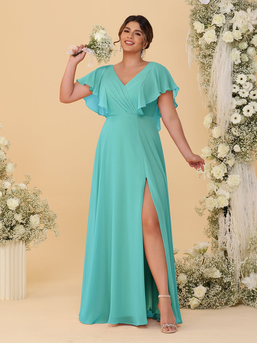 A-Line/Princess V-Neck Short Sleeves Floor-Length Plus Size Bridesmaid Dresses With Side Slit