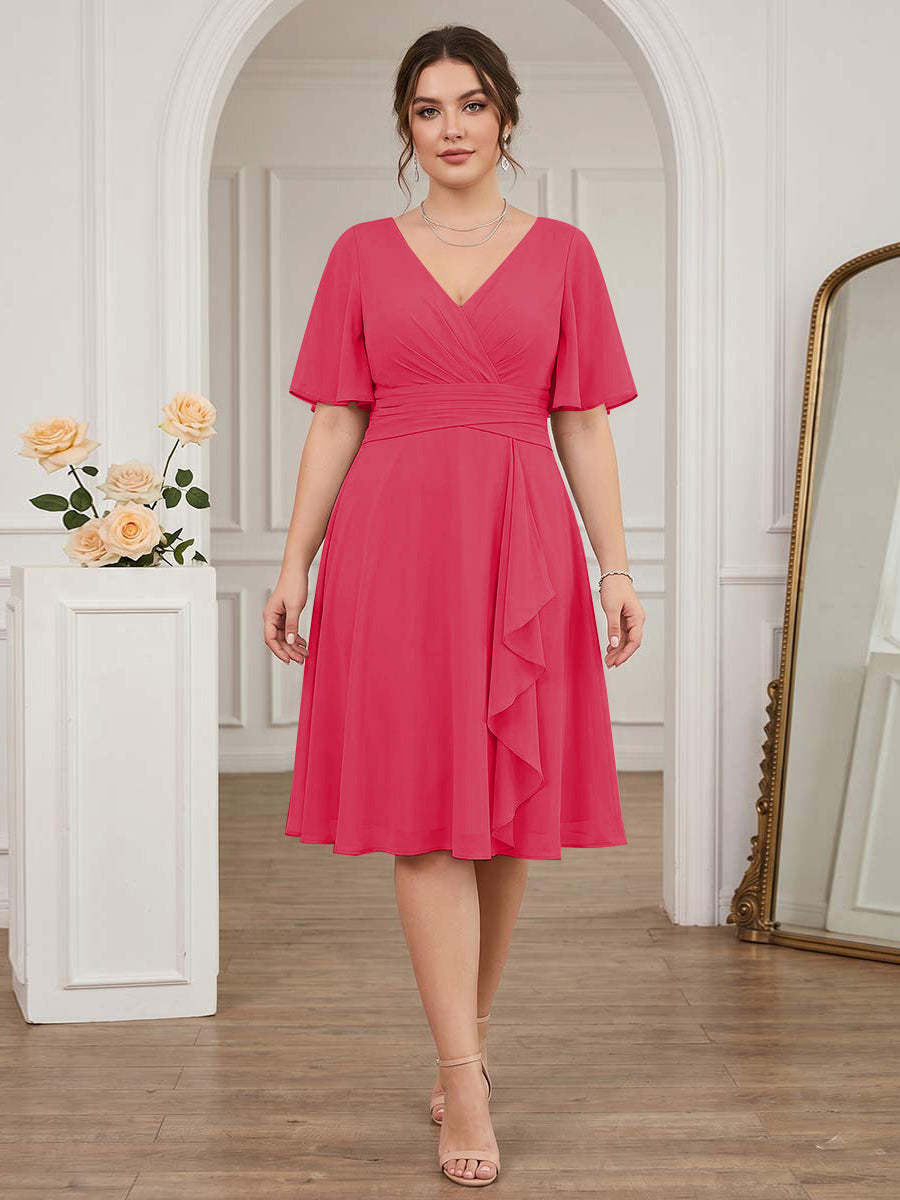 A-Line/Princess V-Neck Short Sleeves Knee-Length Plus Size Bridesmaid Dresses with Ruffles