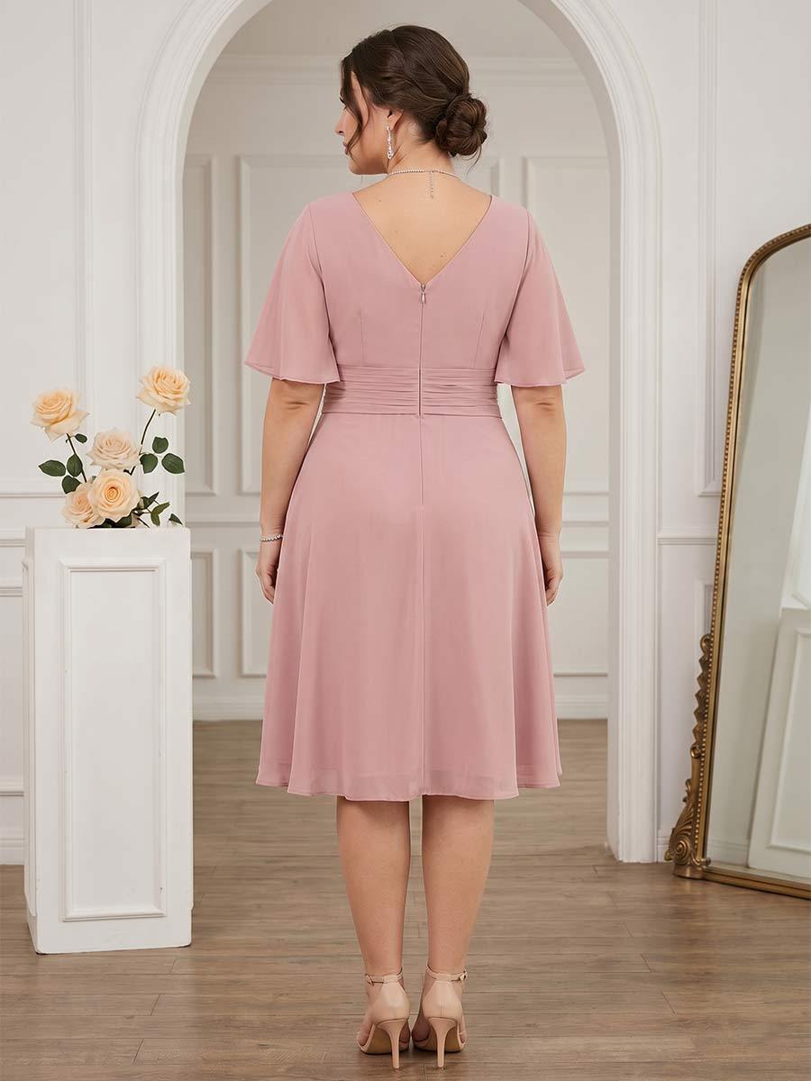 A-Line/Princess V-Neck Short Sleeves Knee-Length Plus Size Bridesmaid Dresses with Ruffles