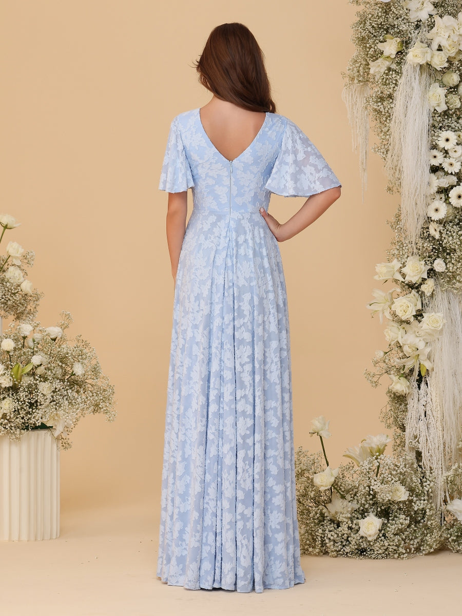 A-Line/Princess V-Neck Short Sleeves Long Bridesmaid Dresses