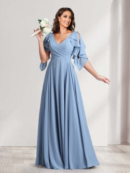A-Line/Princess V-Neck Short Sleeves Long Bridesmaid Dresses With Ruffles & Belt