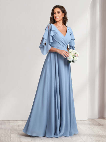 A-Line/Princess V-Neck Short Sleeves Long Bridesmaid Dresses With Ruffles & Belt