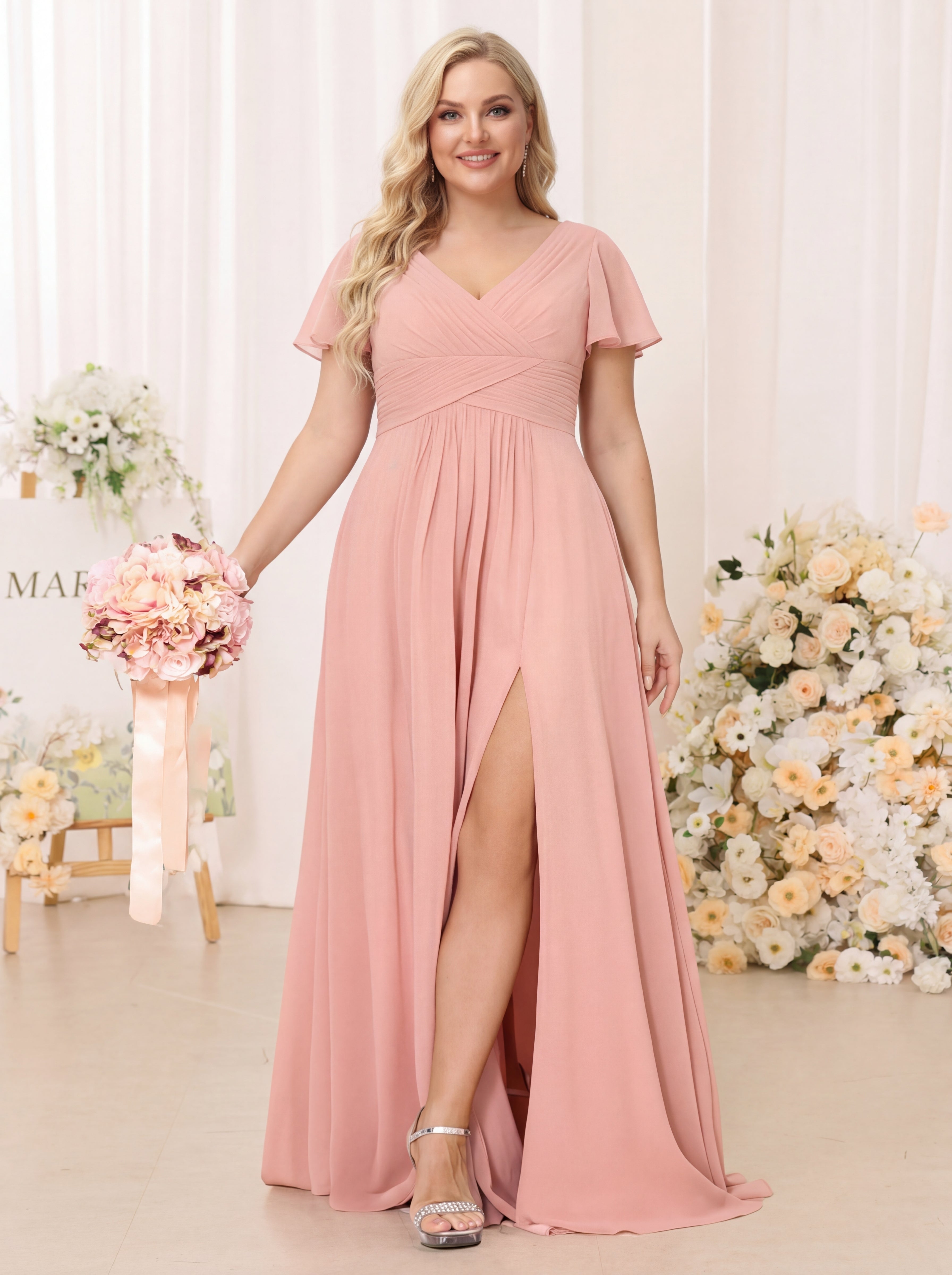 A-Line/Princess V-Neck Short Sleeves Long Plus Size Bridesmaid Dresses with Split Side