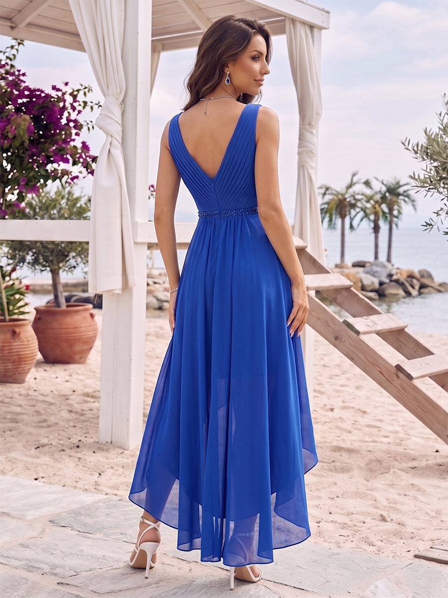 A-Line/Princess V-Neck Sleeveless Asymmetrical Bridesmaid Dresses With Pleats & Rhinestone