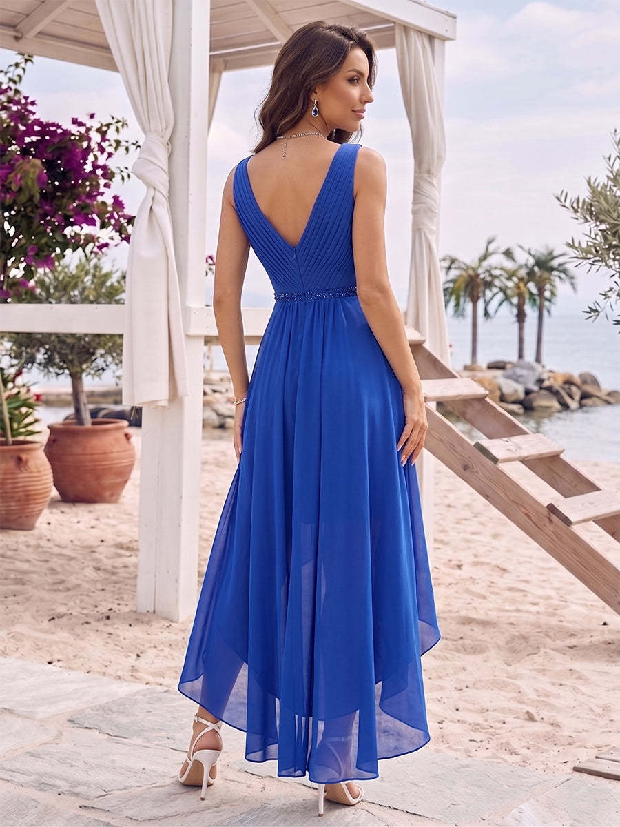 A-Line/Princess V-Neck Sleeveless Asymmetrical Bridesmaid Dresses With Pleats & Rhinestone