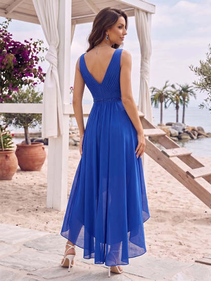 A-Line/Princess V-Neck Sleeveless Asymmetrical Bridesmaid Dresses With Pleats & Rhinestone