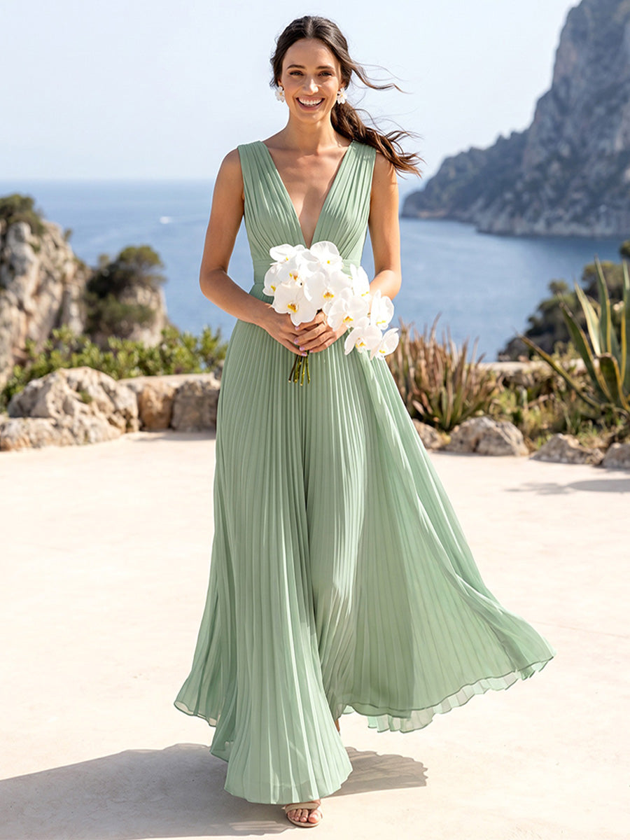 A-Line/Princess V-Neck Sleeveless Floor-Length Bridesmaid Dresses With Pleats