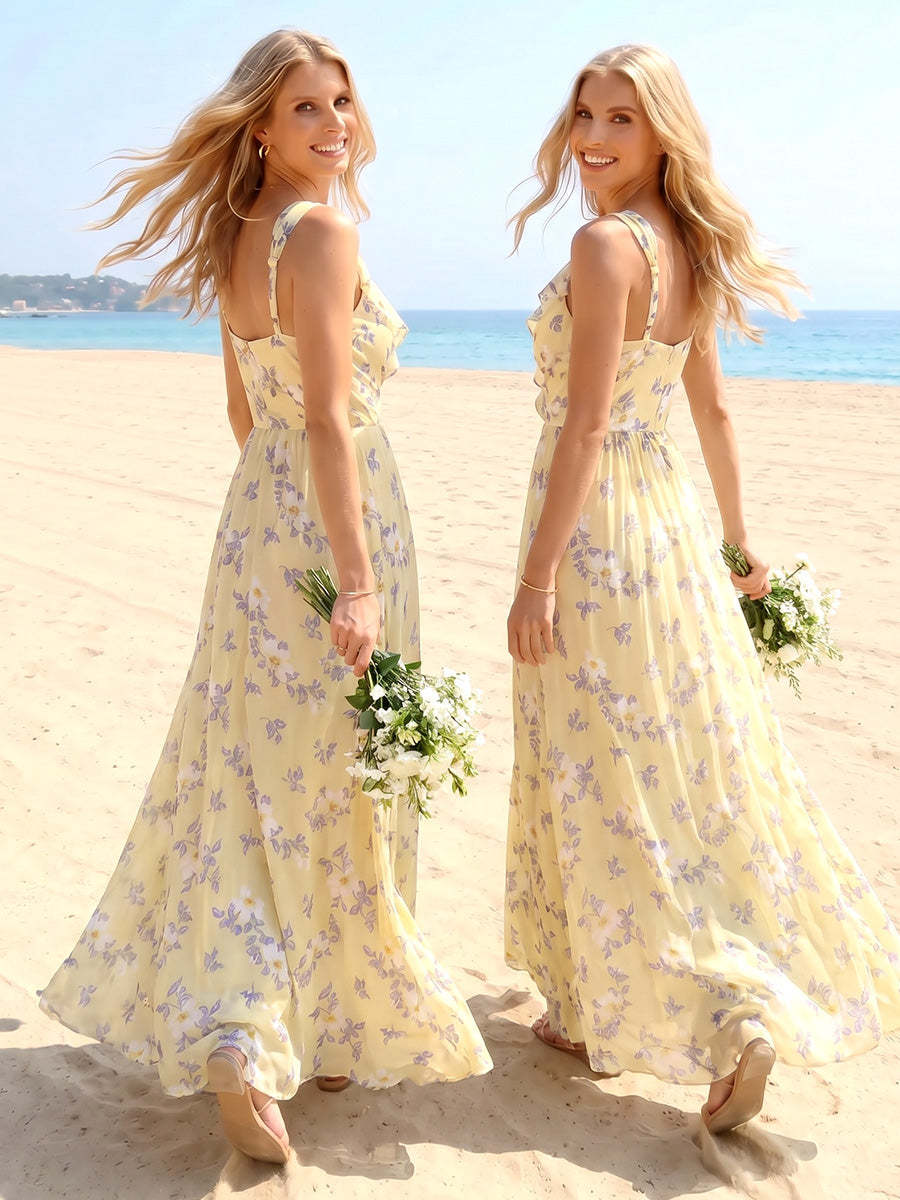 A-Line/Princess V-Neck Sleeveless Floor-Length Bridesmaid Dresses With Ruffles & Ruched