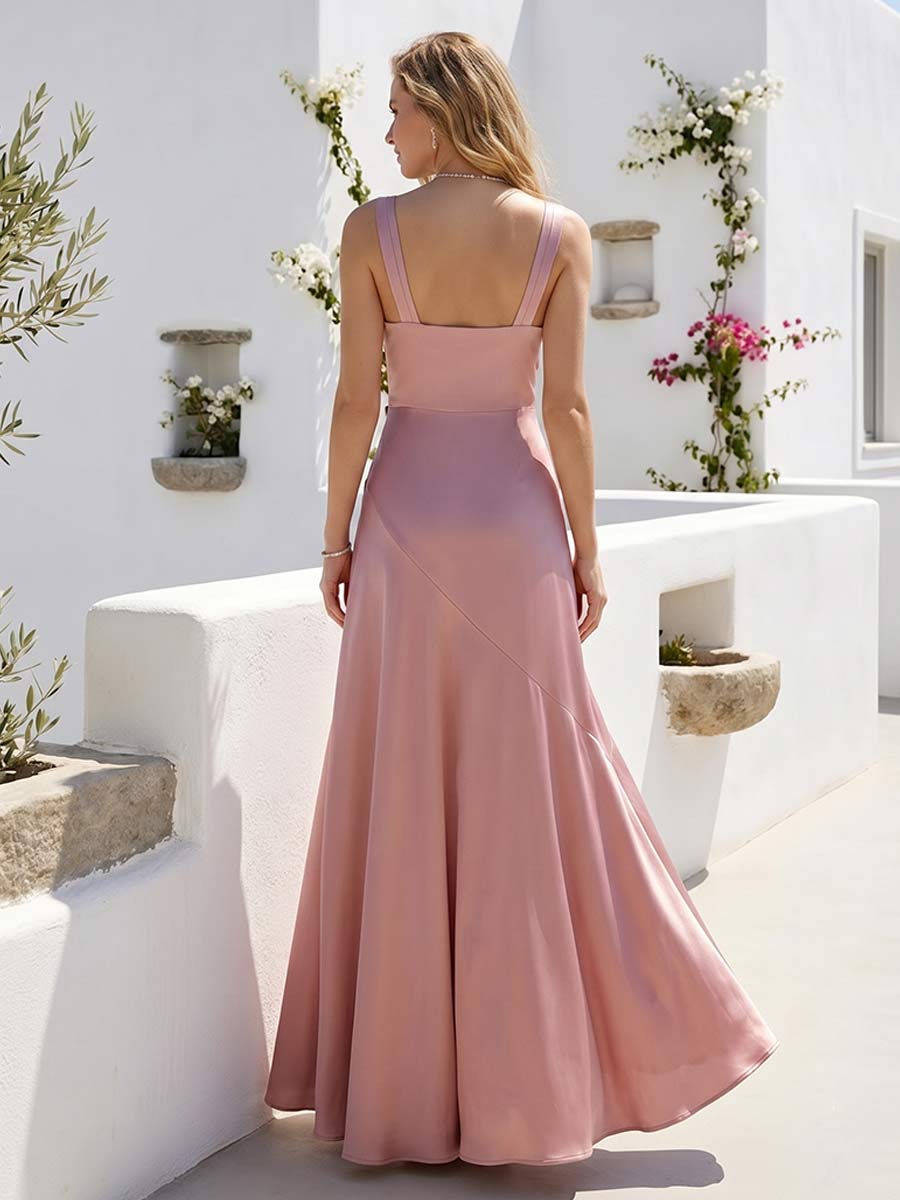 A-Line/Princess V-Neck Sleeveless Floor-Length Bridesmaid Dresses With Ruffles & Split Side