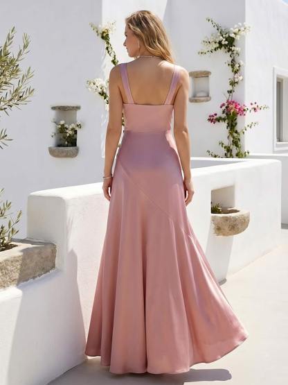 A-Line/Princess V-Neck Sleeveless Floor-Length Bridesmaid Dresses With Ruffles & Split Side