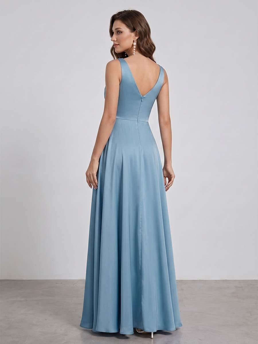 A-Line/Princess V-Neck Sleeveless Floor-Length Bridesmaid Dresses With Split Side & Ruffles
