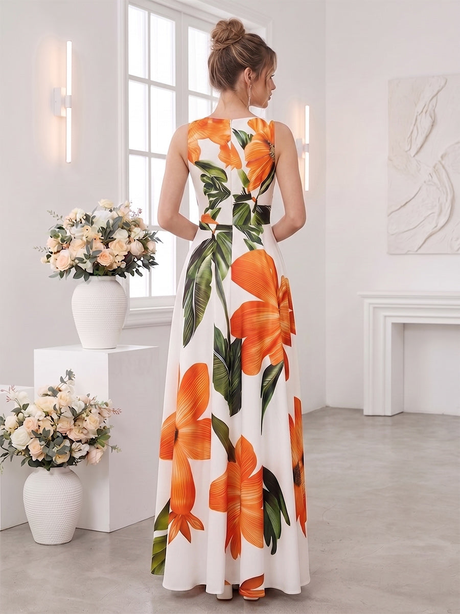 A-Line/Princess V Neck Sleeveless Floor-Length Bridesmaid Dresses with Ruched & Pockets