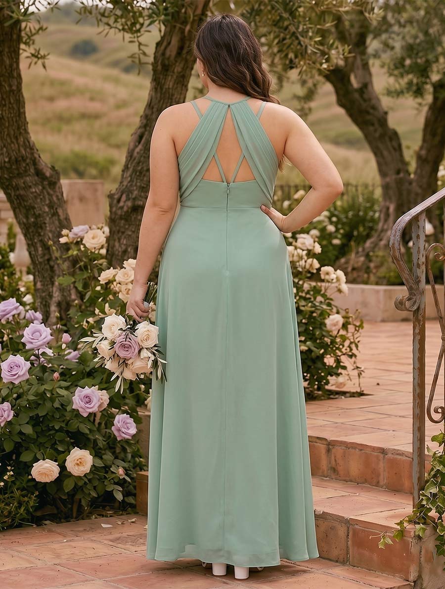 A Line Princess V Neck Sleeveless Long Plus Size Bridesmaid Dresses with Ruched