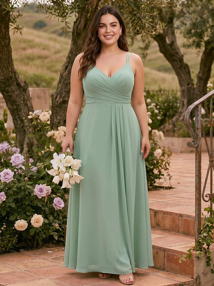 A Line Princess V Neck Sleeveless Long Plus Size Bridesmaid Dresses with Ruched