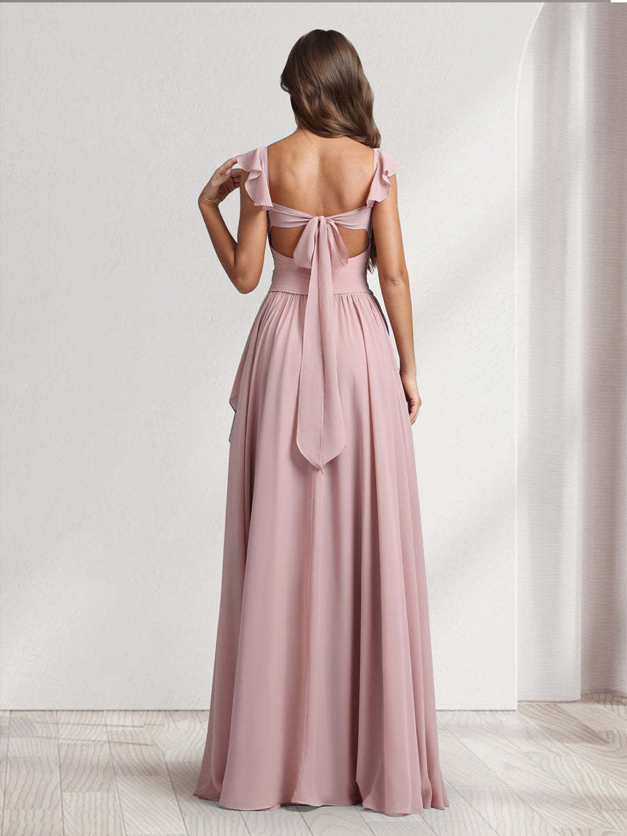 A-Line/Princess V-Neck Spaghetti Straps Sleeveless Floor-Length Bridesmaid Dresses With Ruffles & Pleats