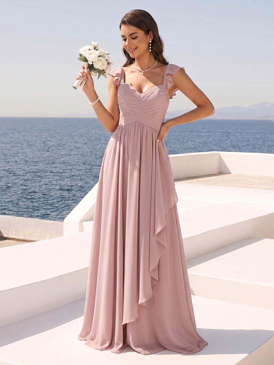 A-Line/Princess V-Neck Spaghetti Straps Sleeveless Floor-Length Bridesmaid Dresses With Ruffles & Pleats