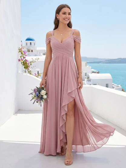 A-Line/Princess V-Neck Split Side Floor-Length Chiffon Bridesmaid Dresses With Ruffles