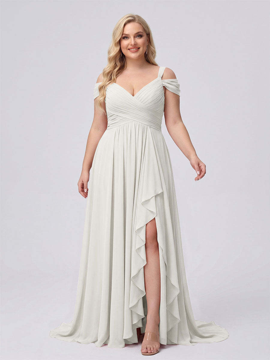 A-Line/Princess V-Neck Split Side Floor-Length Chiffon Plus Size Bridesmaid Dresses With Ruffles