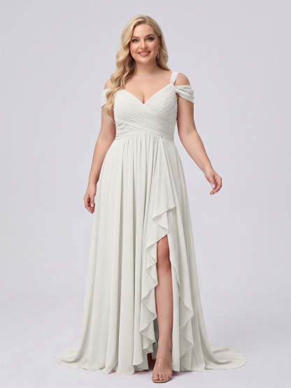 A-Line/Princess V-Neck Split Side Floor-Length Chiffon Plus Size Bridesmaid Dresses With Ruffles