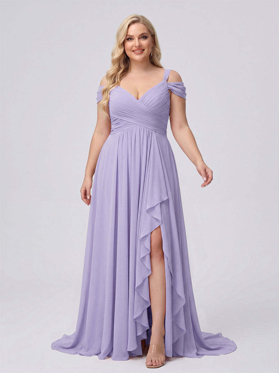 A-Line/Princess V-Neck Split Side Floor-Length Chiffon Plus Size Bridesmaid Dresses With Ruffles