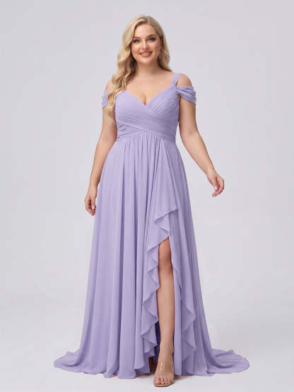 A-Line/Princess V-Neck Split Side Floor-Length Chiffon Plus Size Bridesmaid Dresses With Ruffles