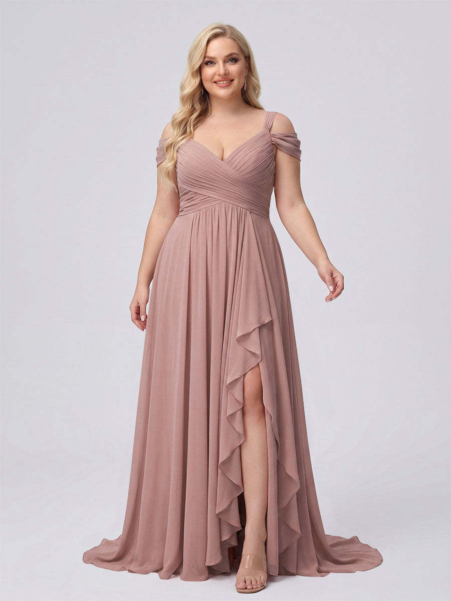 A-Line/Princess V-Neck Split Side Floor-Length Chiffon Plus Size Bridesmaid Dresses With Ruffles