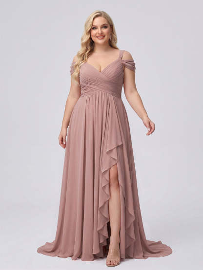 A-Line/Princess V-Neck Split Side Floor-Length Chiffon Plus Size Bridesmaid Dresses With Ruffles