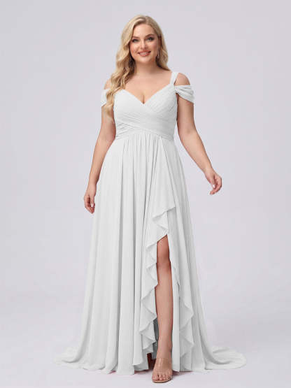 A-Line/Princess V-Neck Split Side Floor-Length Chiffon Plus Size Bridesmaid Dresses With Ruffles