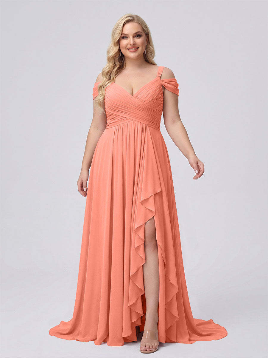 A-Line/Princess V-Neck Split Side Floor-Length Chiffon Plus Size Bridesmaid Dresses With Ruffles