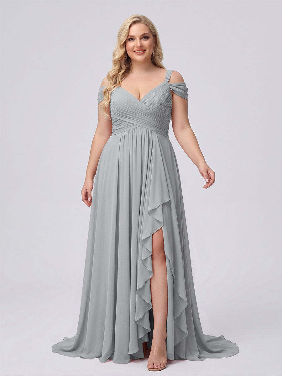 A-Line/Princess V-Neck Split Side Floor-Length Chiffon Plus Size Bridesmaid Dresses With Ruffles
