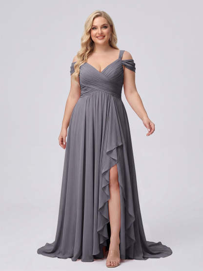 A-Line/Princess V-Neck Split Side Floor-Length Chiffon Plus Size Bridesmaid Dresses With Ruffles