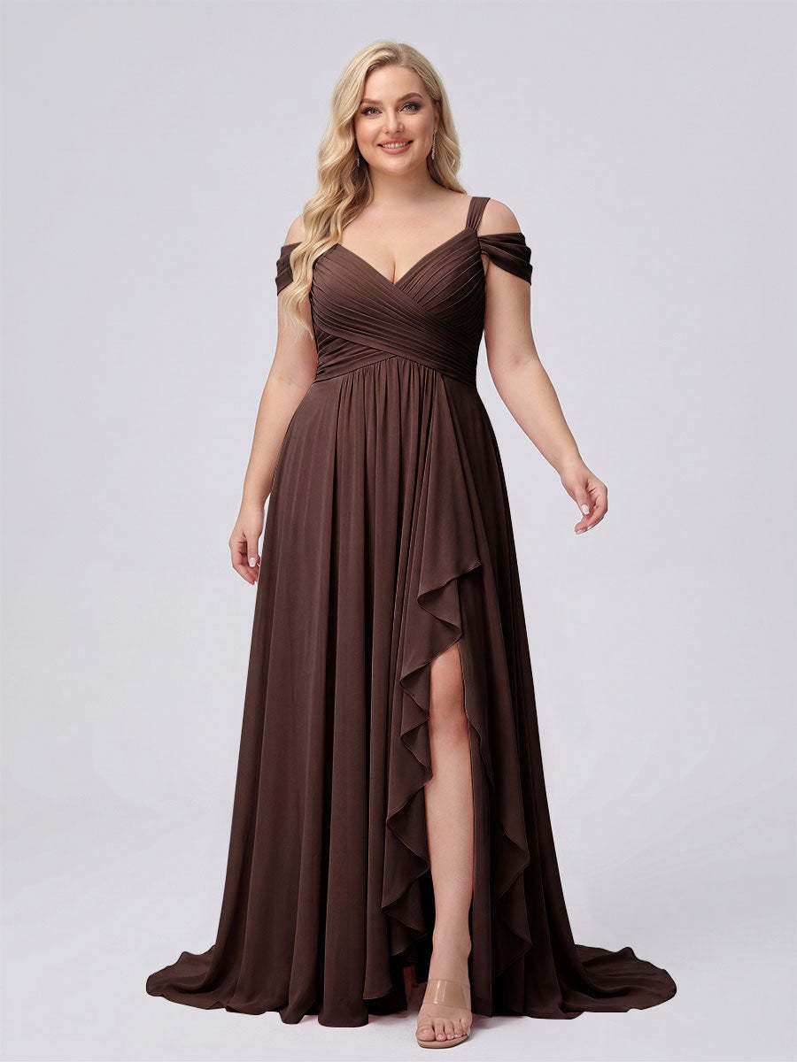 A-Line/Princess V-Neck Split Side Floor-Length Chiffon Plus Size Bridesmaid Dresses With Ruffles