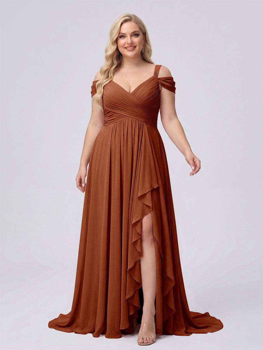 A-Line/Princess V-Neck Split Side Floor-Length Chiffon Plus Size Bridesmaid Dresses With Ruffles