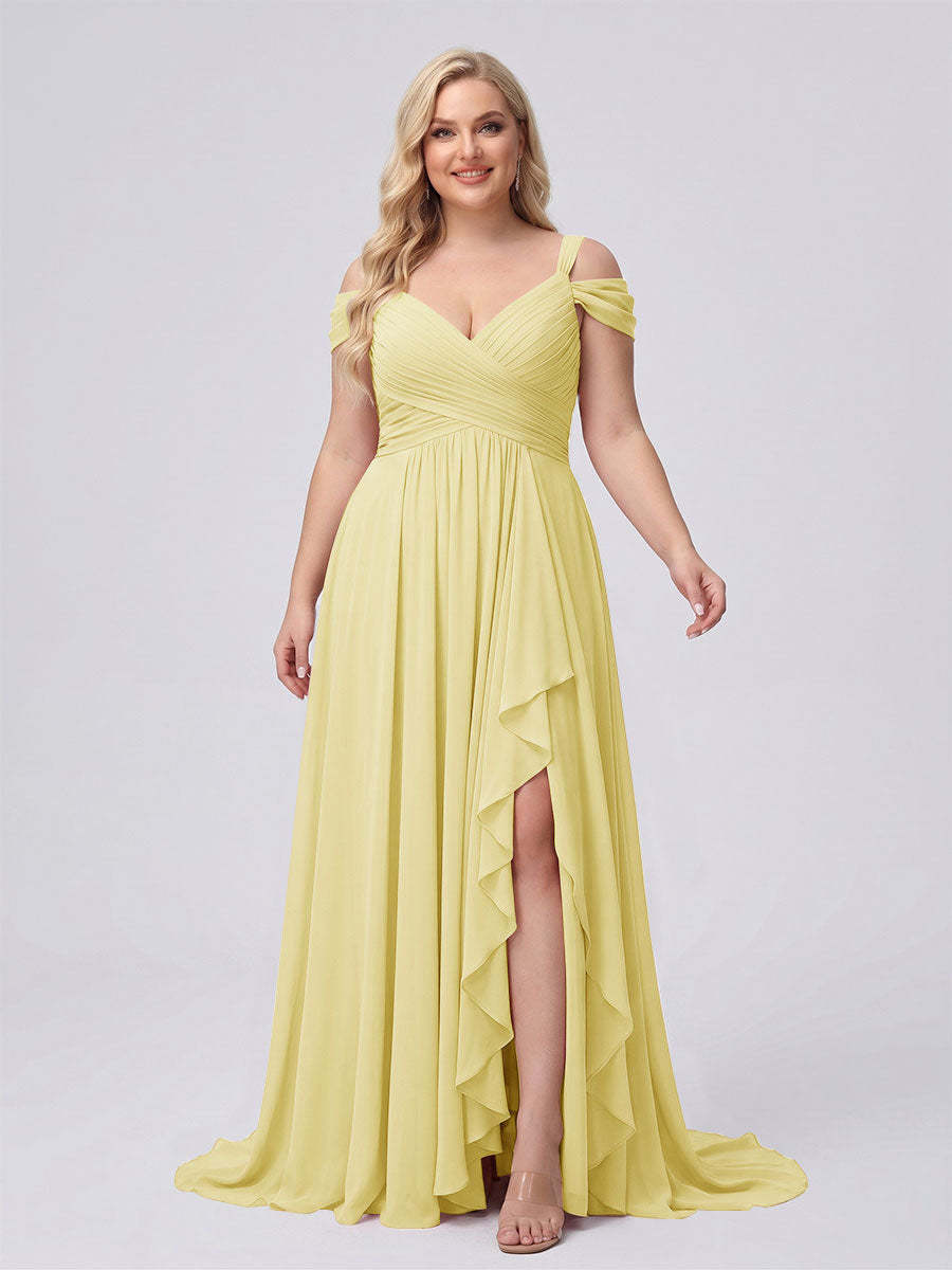 A-Line/Princess V-Neck Split Side Floor-Length Chiffon Plus Size Bridesmaid Dresses With Ruffles