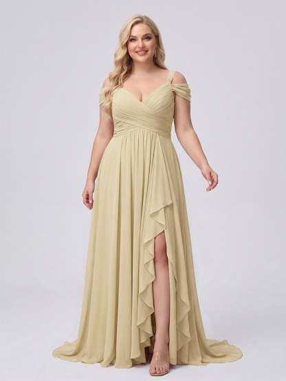 A-Line/Princess V-Neck Split Side Floor-Length Chiffon Plus Size Bridesmaid Dresses With Ruffles