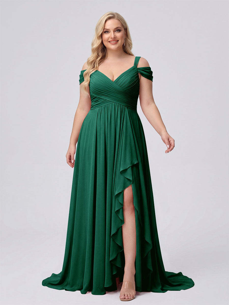 A-Line/Princess V-Neck Split Side Floor-Length Chiffon Plus Size Bridesmaid Dresses With Ruffles