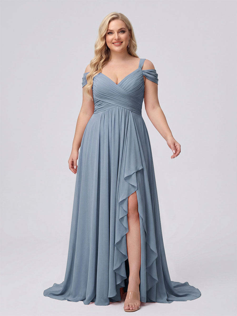 A-Line/Princess V-Neck Split Side Floor-Length Chiffon Plus Size Bridesmaid Dresses With Ruffles