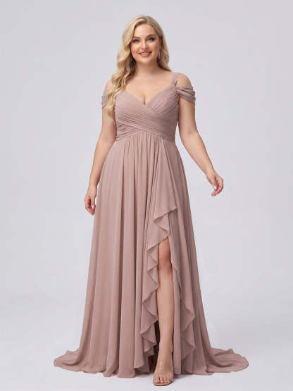 A-Line/Princess V-Neck Split Side Floor-Length Chiffon Plus Size Bridesmaid Dresses With Ruffles