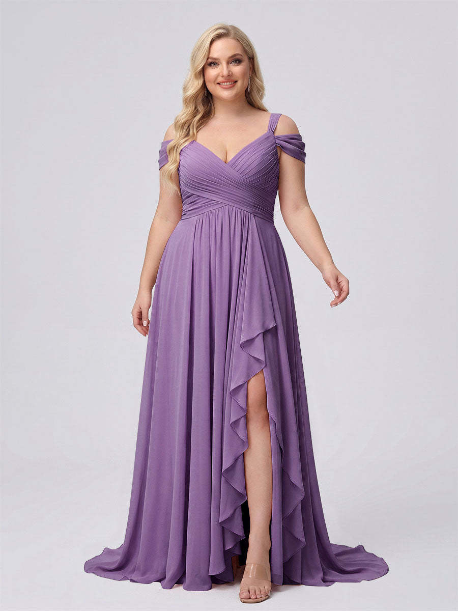A-Line/Princess V-Neck Split Side Floor-Length Chiffon Plus Size Bridesmaid Dresses With Ruffles
