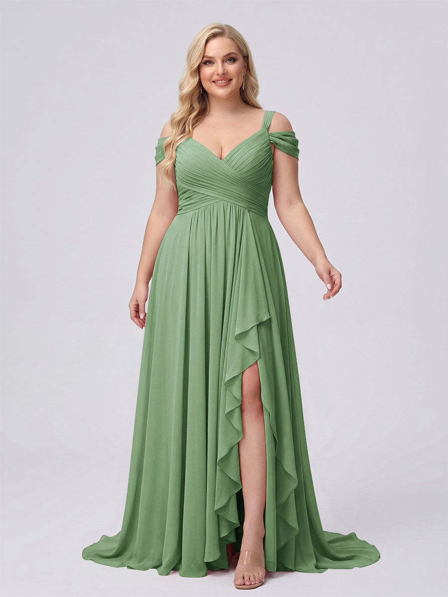 A-Line/Princess V-Neck Split Side Floor-Length Chiffon Plus Size Bridesmaid Dresses With Ruffles