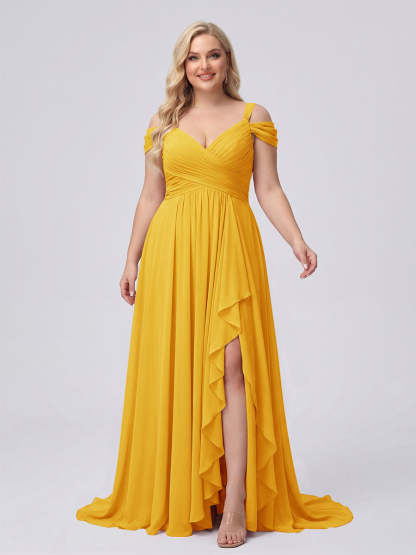 A-Line/Princess V-Neck Split Side Floor-Length Chiffon Plus Size Bridesmaid Dresses With Ruffles