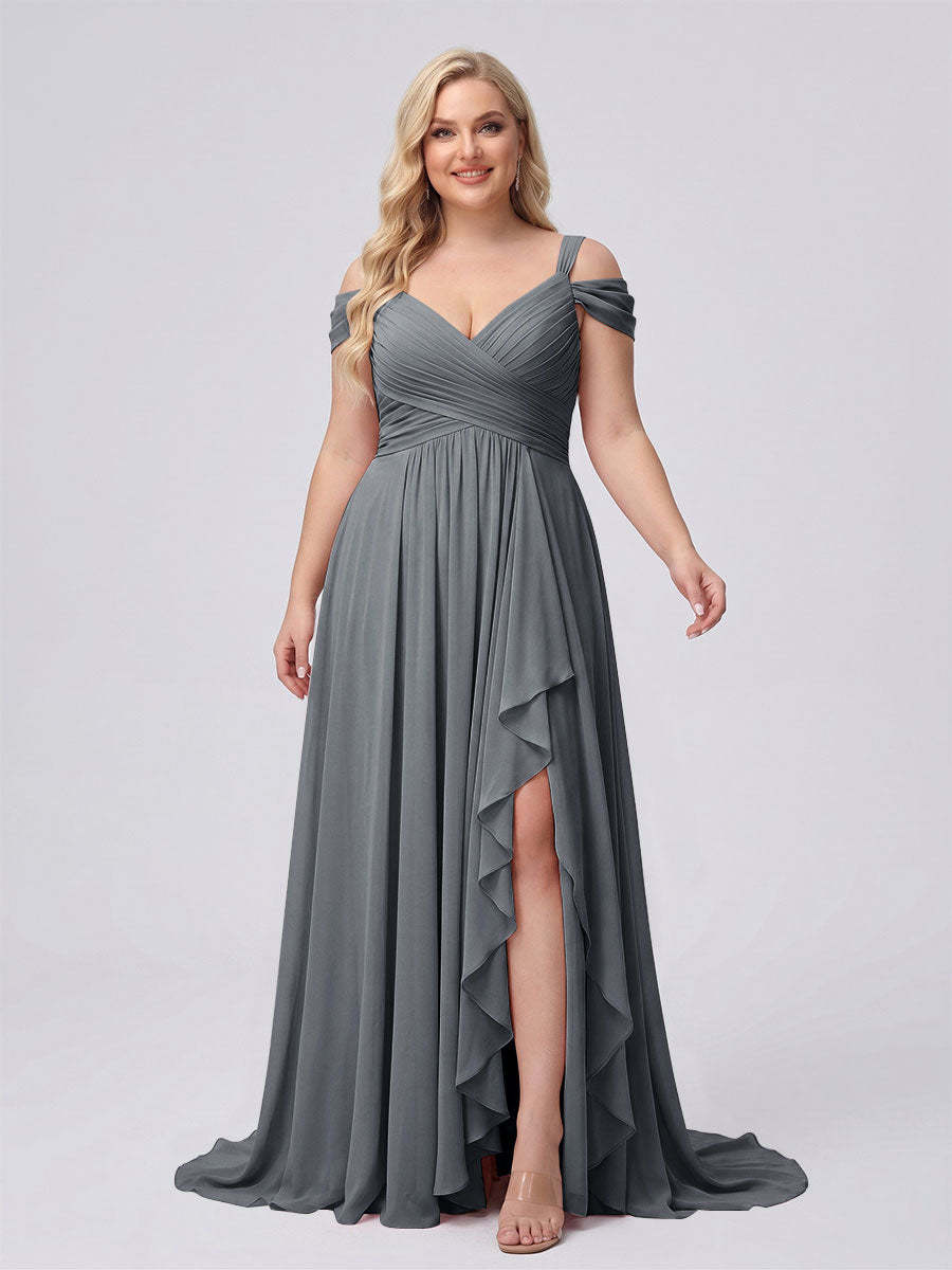 A-Line/Princess V-Neck Split Side Floor-Length Chiffon Plus Size Bridesmaid Dresses With Ruffles