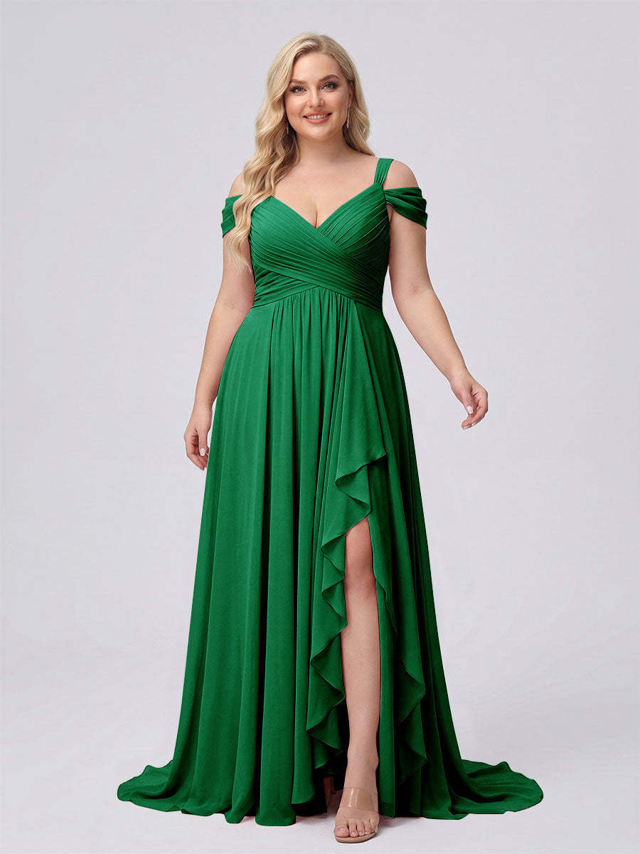 A-Line/Princess V-Neck Split Side Floor-Length Chiffon Plus Size Bridesmaid Dresses With Ruffles