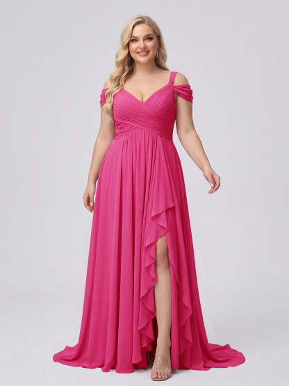 A-Line/Princess V-Neck Split Side Floor-Length Chiffon Plus Size Bridesmaid Dresses With Ruffles