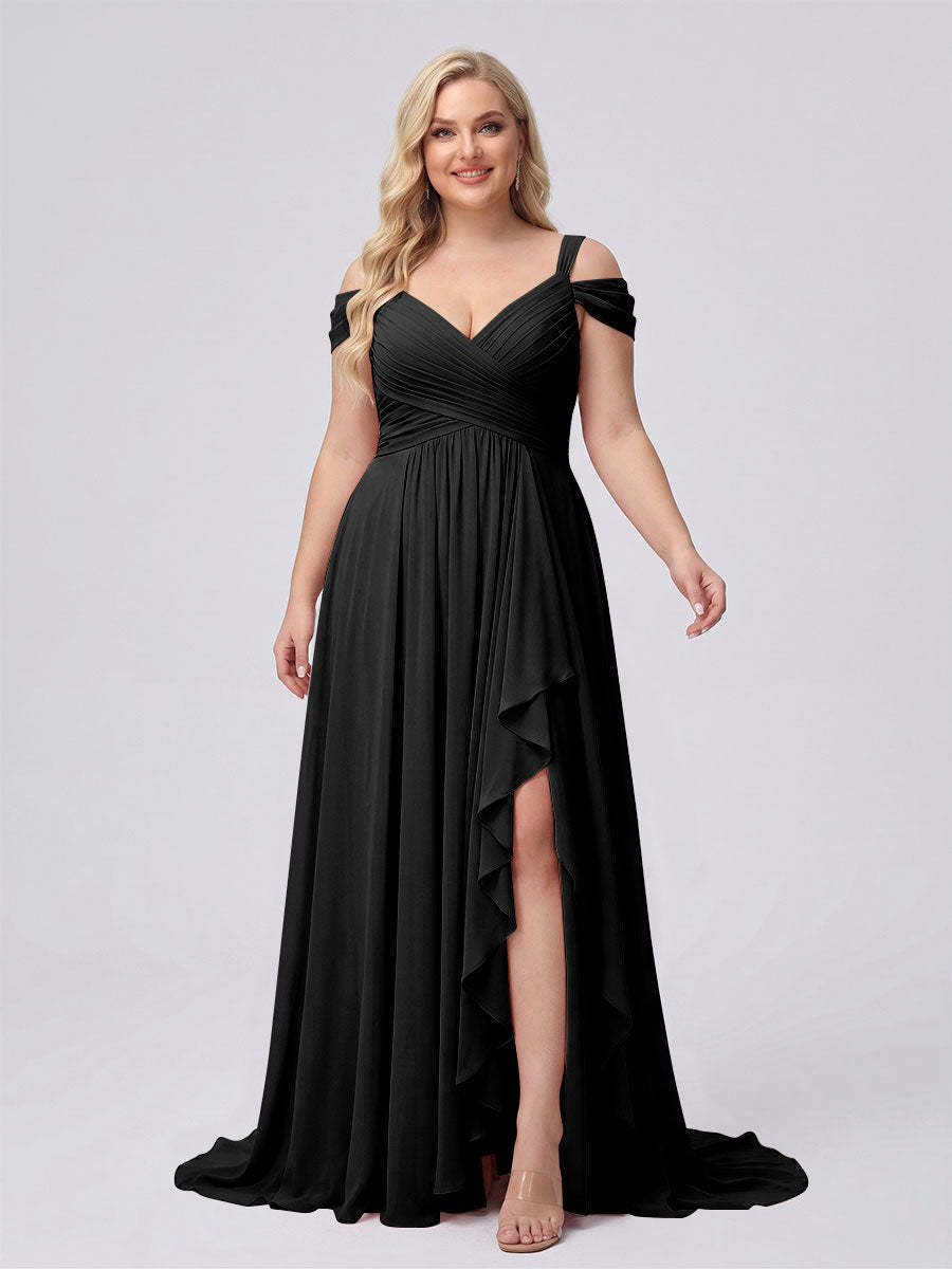 A-Line/Princess V-Neck Split Side Floor-Length Chiffon Plus Size Bridesmaid Dresses With Ruffles