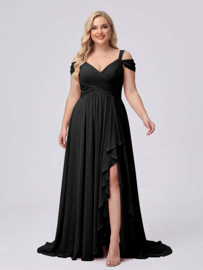 A-Line/Princess V-Neck Split Side Floor-Length Chiffon Plus Size Bridesmaid Dresses With Ruffles