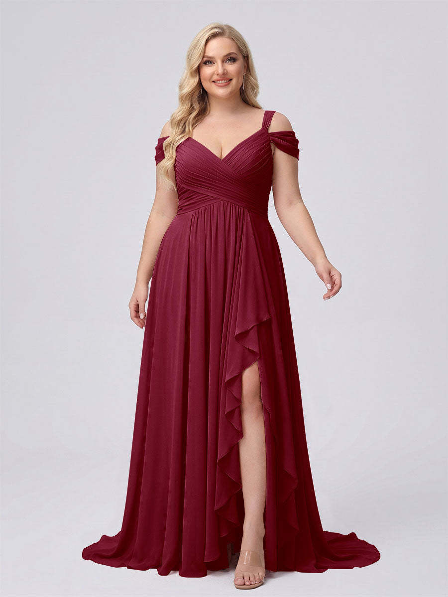 A-Line/Princess V-Neck Split Side Floor-Length Chiffon Plus Size Bridesmaid Dresses With Ruffles