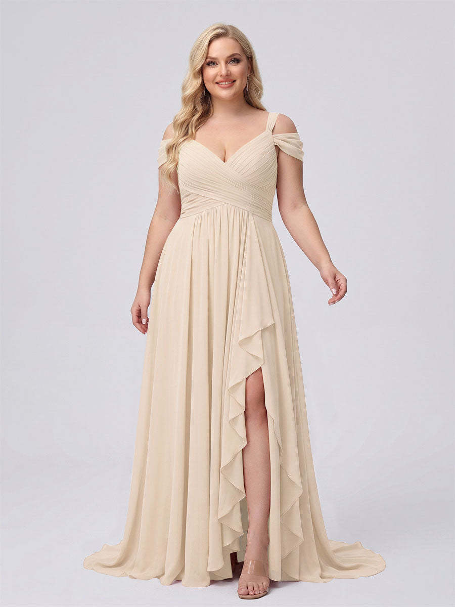 A-Line/Princess V-Neck Split Side Floor-Length Chiffon Plus Size Bridesmaid Dresses With Ruffles