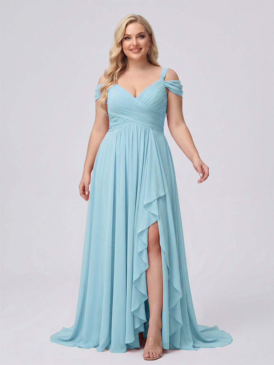 A-Line/Princess V-Neck Split Side Floor-Length Chiffon Plus Size Bridesmaid Dresses With Ruffles